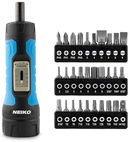 Neiko 10574A 1/4” Drive Torque Wrench Screwdriver Set | 30 Pieces of S2 Steel Philips, Hex, Slotted, and Torx Bits | 10 to 60 Inch-Pounds Torque Adjustment Range | Firearms Accurizing and Gunsmithing