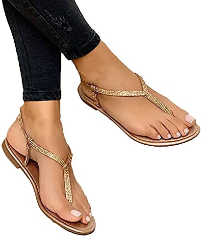 KingbeefLIU Sandali da donna, infradito sandali con strass Toe separatore donna cinturino piatto antiscivolo sandali per spiaggia dorato 40