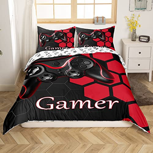 Homemissing Jeux vidéo pour Enfants Gamer Housse de Couette Rouge et Noir Gaming Parure de Lit 220x240cm Jeu Parure Housse de Couette Élégant Nid d'abeille Design Géométrique Collection Chambre 3Pcs