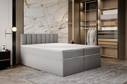 TRADA Hoches Boxspringbett 120x200 cm mit Taschenmatratze, Grau | Model MIAMI, Elegantes Polsterbett mit Topper aus Viscoschaum