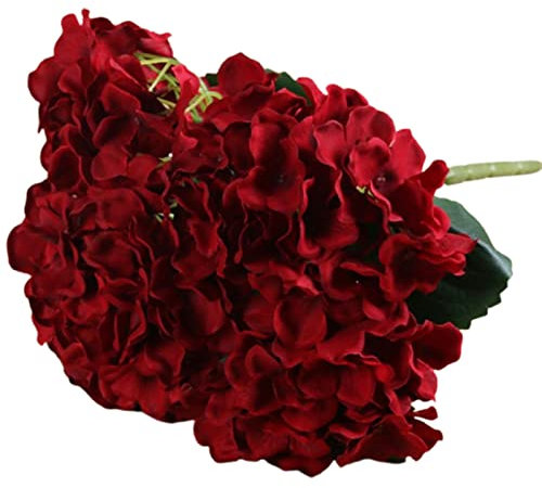 Bodhi2000 5 cabezas artificiales flores de seda hortensia flor con tallos, arreglos florales artificiales de hortensia para decoración del hogar, boda rojo