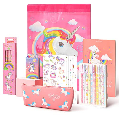 Anyfirst 37 Stück Einhorn Schreibwaren Set, Einhorn Geschenke für Mädchen 4 5 6 7 8 Jahre, Stifte Set mit Federmäppchen, Sticker, Notizbuch, Rosa