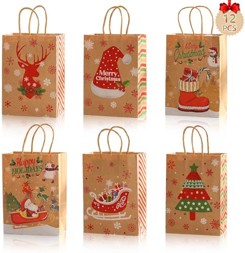Ctxtqtdt 12 Stück Geschenktüten Weihnachten Klein mit Griffen, 6 Stile Kraftpapier Tüten Weihnachten mit Weihnachtsdruck, Weihnachtsfeier Tasche (21cm x 15cm x 8cm)