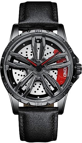 RORIOS Herrenuhr Auto Rad Felgennabe Analoge Quarz Armbanduhr - Mode Sport Uhr 3ATM Wasserdicht Männer Skelett Mit Leder Armband