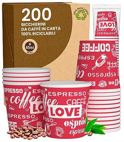 200 Bicchierini in Carta da caffè 65ml LoveRedCUP Bicchieri Ecologici Biodegradabili Monouso Piccoli Asporto Bevande Calde