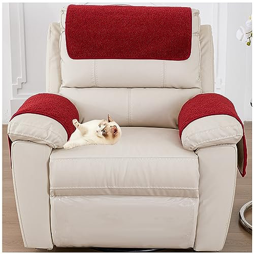 NNSMUN Armlehnenschoner, Armlehnenbezüge, Lamm Samt Ruhesessel Bezug mit Taschen rutschfest Sesselschoner für Fernsehsessel Abnehmbarer Waschbar (Weinrot,1 Sitzer (3 StüCk))