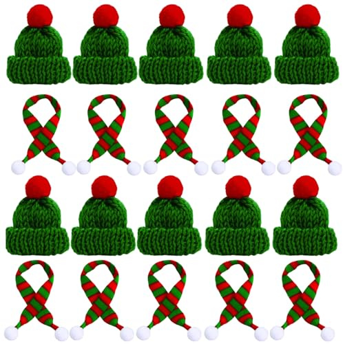LUISAS Mini Weihnachtsmütze, Flaschen Deko Weihnachten, 20 Stück Weihnachtsmützen Mini und Mini Schal Set，Kleine Weihnachtsmützen Geeignet für Weihnachten