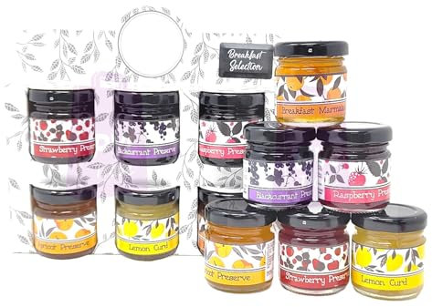 Selection of Breakfast & Afternoon Tea Jam Preserve Gift Pack - Strawberry, Blackcurrant, Raspberry, Apricot, Lemon Curd, Marmalade - 6 x 42g Jars