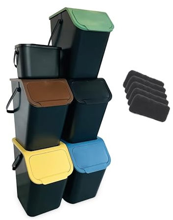 Go Practic 6-er Mülleimer-Set Küche Mülltrennsystem 5x Mülleimer 25l mit Deckel 1x Kleiner Abfalleimer Biomüll-Behälter Stapelbar Click-Funktion