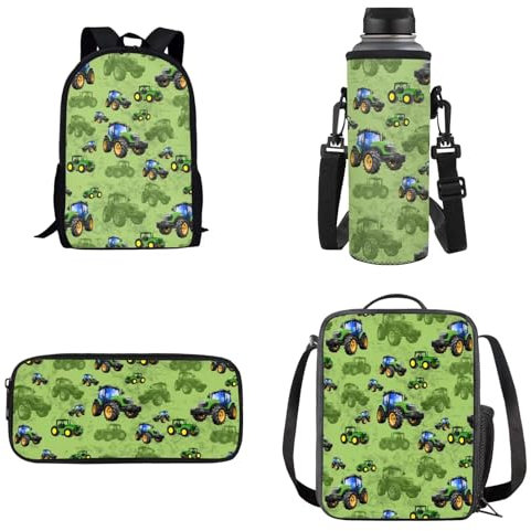Dolyues Ensemble sac à dos 4 en 1 pour enfant avec sac à déjeuner, trousse à crayons, porte-bouteille d'eau, Tracteur de dessin animé - vert, Sac à dos enfant