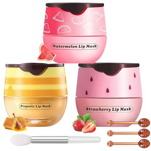 XdealCozyxc 3PCS UK Bee balm Lip Balm, Honey Strawberry Watermelon Lip Mask, Moisturizing & Hydrate Repair Prevent Dry Cracked Lip Care