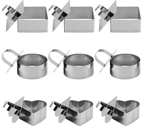MUNGHOK 9 Stück Dessertring Set, Rund/Herz/Eckig Backringe Set, Speiseringe Edelstahl Dessertringe mit Heber, Klein Tortenring Backring für Dessert Kuchen Mousse