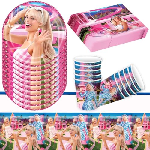 Vaisselle pour filles,Vaisselle de Princesse,Rose gâteau décoration fille, Vaisselle de Fête Anniversaire Fille, pour Garçons Filles Articles Fête,Nappe, Assiettes,Serviettes et Gobelets en Papier (41