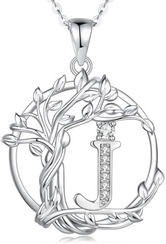 FANCIME Lebensbaum Buchstaben Kette Damen, 925 Sterling Silber J Alphabet Initialen Anhänger Halskette Schmuck Geschenke für Damen Frauen Mädchen, Kettenlänge: 40+5 cm