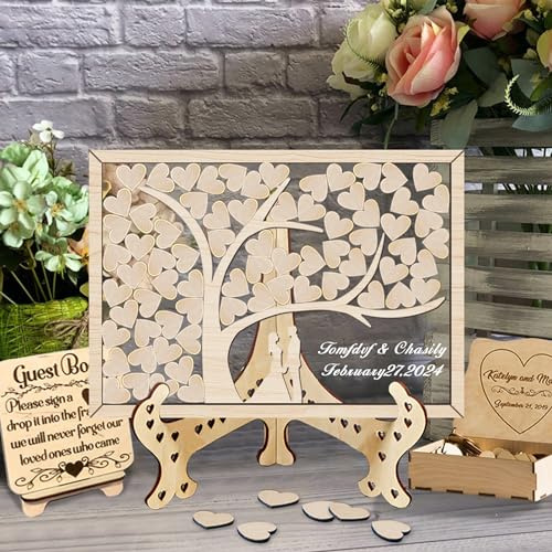 Personalized Wedding Guest Book Alternative Custom Wooden Love Tree Wedding Decorations for Reception with 30- 100PCS Heart, Acrylic Drop Box Frame Guest Book for Bridal Shower Party Anniversary