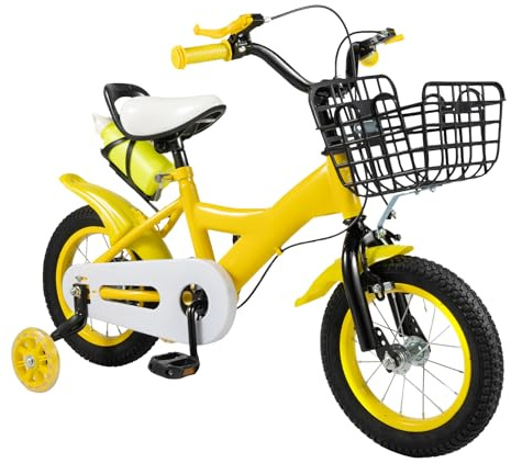 Pinuox Kinderfahrrad 12 Zoll Upgraded Kinder Fahrrad für 2-4 Jahre Mädchen und Jungen Höhenverstellbar Kinderfahrrad mit Stützrädern & Korb (Gelb)
