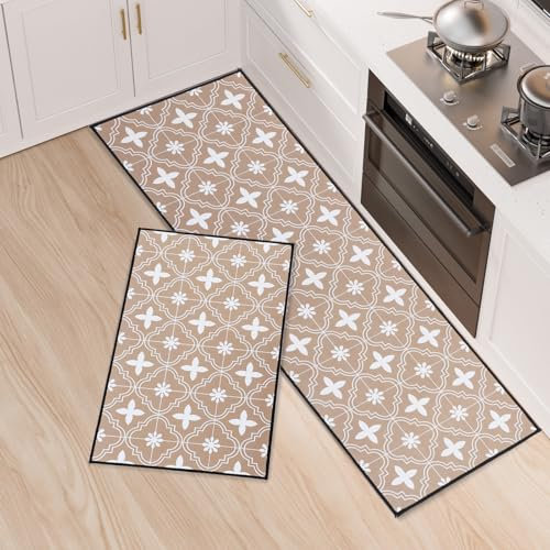 LY4U Alfombrillas de Cocina, Juego de Alfombras de Cocina de 2 Piezas, Alfombras de Cocina Absorbentes de Agua, Alfombras de Corredor Antideslizantes para Lavandería, 43x75 + 43x120cm, Caqui
