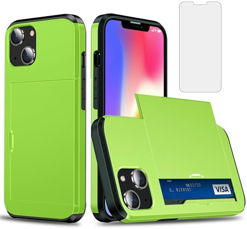 Asuwish Phone Case for iPhone 13 Mini 5.4 with Tempered Glass Screen Protector Cover and Accessories Card Holder Slot Slim Hybrid iPhone13mini i-Phone 13minicase i iPhone13 13mini Women Men Green