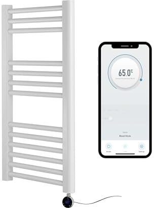 Greened House Scaldasalviette elettrico intelligente con controllo WiFi, 500 mm di larghezza x 800 mm di altezza, programmabile per 7 giorni, compatibile con app (barra bianca + elemento WiFi cromato)