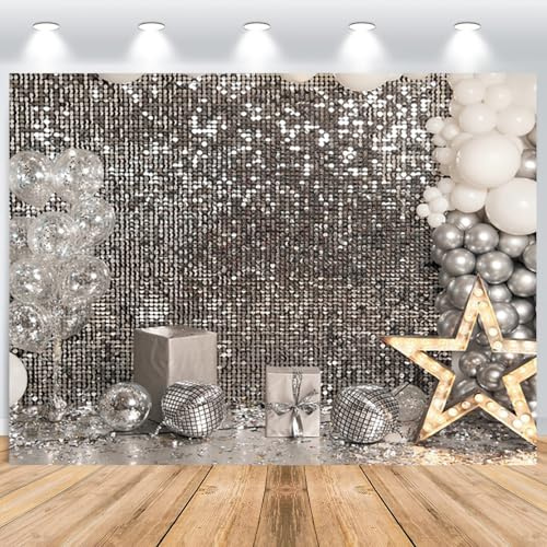 ASDCXZ Silber Disco Party Fotohintergrund 2.5x1.8m, Drucken Glitzer Silbrig Ballon Sterne Vinyl Fotografie Hintergrund Banner Für Hochzeit Geburtstag Neues Jahr Disco Party Dekor Studio Requisiten