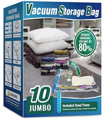 Oumaru Vacuum Storage Bags for Clothes, 10 Pack Vacuum Bags, Space Saver Bags for Clothes, Duvets and Pillows, Hand Pump Included (Jumbo)