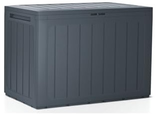 Stolmet Garden Storage Box 190 and 280 Litre Boardebox Effect | Plastic Outdoor Patio Parcel Tool Chest Log Store | Lockable Water-Resistant Weatherproof | Anthracite and Brown (Anthracite, 190L)
