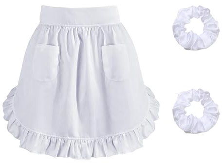 YSUY White Waist Apron with Pockets and Two Hairbands, Waitress Aprons, Half Apron for Cooking & Cleaning, Adjustable Ruffle Aprons for Women's Costumes, Maid Apron, for Restaurant and Coffee Shop