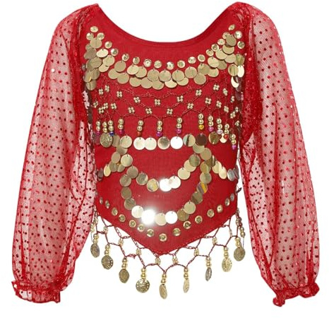 Bauchtanz-Top für Frauen, Puff-Langarm-Chiffon-Pailletten-Tanz-Shirts, Glitzermünzen, Quasten, Bluse für Festival, Clubbing, selbstbindend, Tribal-Crop-Top für Bauchtanz-Performance-Outfit