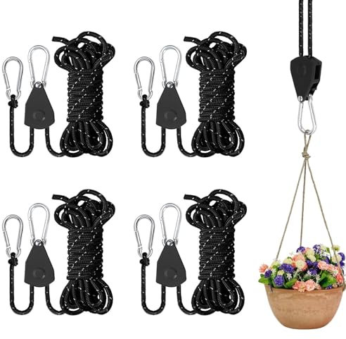 Yunlaishaocer 4 pièces Corde à Cliquet avec Crochet Réglable,2M Cliquet de Poulie à Corde Réglable 1/8 Pouces Rope Ratchet,Nylon Escalade pour Camping, Tente,Bâche,Randonnée,Suspension