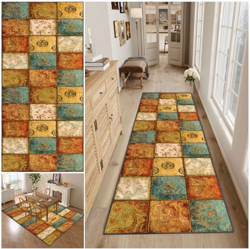 WAWFONG Runner Rugs for Hallway Non Slip, Washable Kitchen Runner Mat, Low Pile Distressed Floor Carpet, Long and narrow hall carpet, 50 x 400 cm Floor Protection Mat for Hallway Living Room Entryway