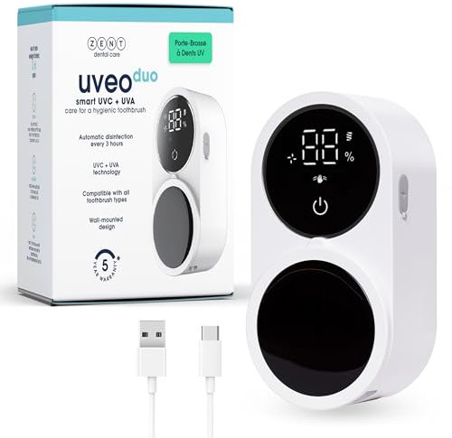 ZENT Uveo Duo Zahnbürstenhalter mit UV desinfektion für Zwei Zahnbürsten, Doppelte Desinfektion, automatische Sterilisation alle 3 Stunden, Wandmontage ohne Bohren, Robuste Batterie bis zu 30 Tage