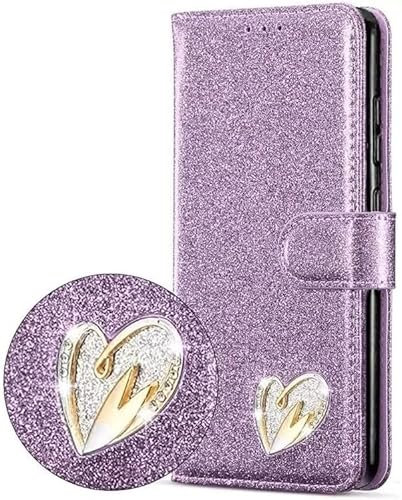 KK KENIK Case For iphone X/XS,Luxury Bling Glitter Flip Leather Wallet Case, Diamond Heart,Card Slots,For iphone X/XS Cover (Purple)