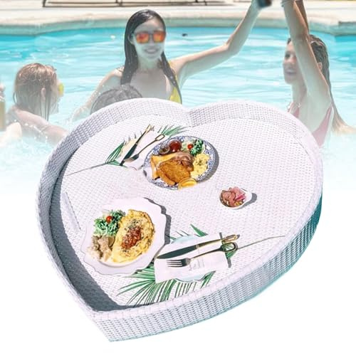 QIeAny Vassoio in Rattan Intrecciato A Forma di Cuore (60 × 60 Cm), Vassoio Galleggiante per Piscina, Maniglia Interna, Resistente E Facile da Pulire, per Il tè Pomeridiano All'aperto,White