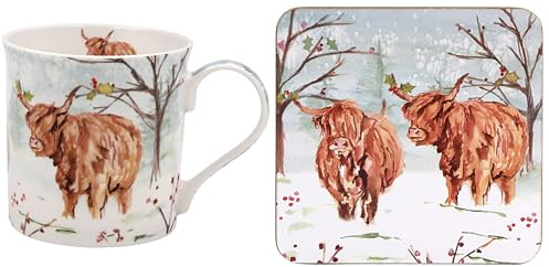 The Leonardo Collection Highland Cow Mug & Coaster for Hot Drinks | Reusable Fine China Coffee Cups for Kitchen & Home | Printed Tea Mugs for Every Occasion | Durable Cup for All Types of Beverages
