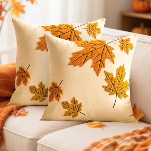Herbst Kissenbezüge 45x45, Herbst Deko Kissenbezug, Herbstdeko Kissenbezug aus Leinen, Kürbis Ahornblatt Kissenhülle mit Quasten,Bezüge Herbstlich für Sofakissen Dekokissen Zierkissen Kopfkissen (C*2)