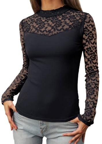 Maglia a maniche lunghe da donna con eleganti maniche in pizzo, con scollo a sottomarino per un look femminile, elegante maglietta per tutti i giorni e la sera, Stil_m02 Nero, M