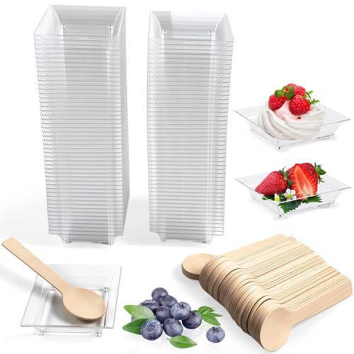 SLTAXAR 100 Mini Platos para Postres con Cucharas de Madera- 6,2x4,5x1,5cm | Platos de Plástico Reutilizables, Tazas de Postre Transparentes, Plato Cuadrado para Aperitivo y Degustacion en Fiesta y Boda