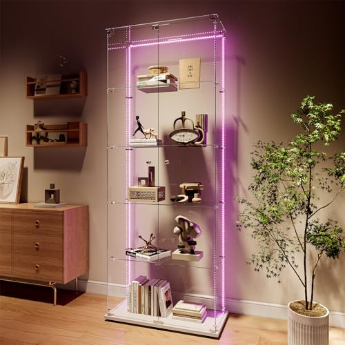 HFASD Vitrine en verre sur pied, vitrine en verre avec éclairage LED, 5 étagères en verre, 2 portes, vitrine moderne, vitrine en verre en bois, vitrine de collection pour salon, chambre à coucher