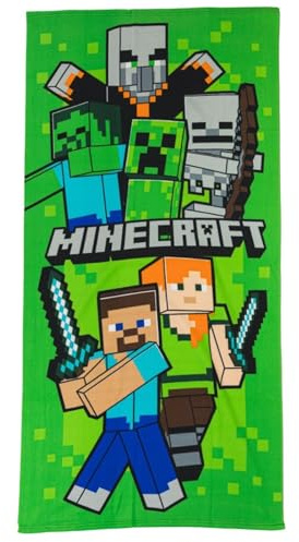 Aymax Minecraft Mikrofaser Badetuch XL 70x140 cm – Strandtuch & Duschtuch mit Steve, Alex, Creeper & Minecraft Motiv – schnelltrocknend, leicht & platzsparend