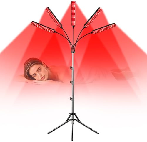 Piashow Infrarotlampe mit 5 Lichtköpfe, 660nm & 850nm Infrarotlampe mit 3 Modi & 5 Helligkeitsstufen & 10/20/30Min Timer, 360° Rotierendes Rotlichtlampe, LED Red Light Therapy