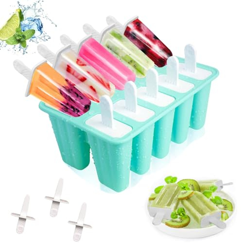 Ice Lolly Moulds, Lerryone Ice Cream Moulds 10 Pieces Reusable Silicone Popsicle Mould, Food Grade BPA-Free Ice Pop Mould, Easy to Remove Ice Lolly Maker, Green