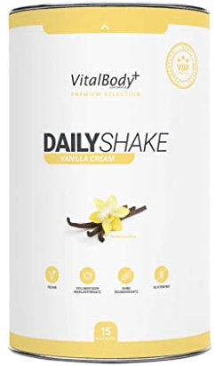 VitalBodyPLUS® DailyShake Vegan, crema alla vaniglia, 450 g, frullato sostitutivo dei pasti per dimagrimento, 15 pasti, solo 250 kcal per shake, sostituisce a pieno titolo e basso contenuto calorico
