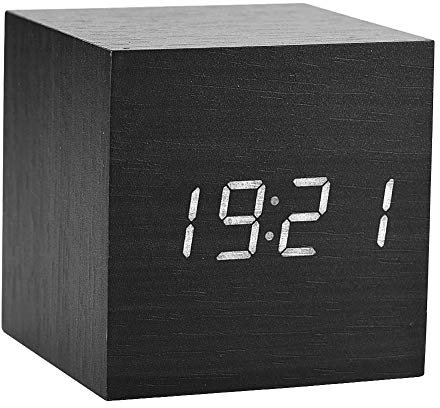 Topiky Hölzerner digitaler Wecker, 6x6x6cm Cube LED Display Tischuhr Unterstützung Temperaturanzeige und Sprachsteuerung für Schlafzimmer, Haus, Schlafsaal(Schwarz)