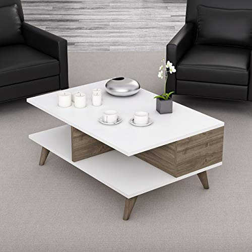 Homemania Table Basse en Panneau mélaminé Blanc, Noyer, 90 x 60 x 38,6 cm