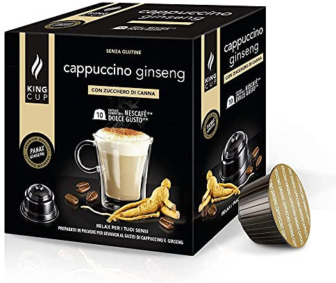 King Cup - 1 Paquet de 10 Capsules de Cappuccino au Ginseng avec du Sucre de Canne, 10 Capsules 100% Compatibles avec le Système Nescafè Dolce Gusto, Sans Gluten, Sans Lactose