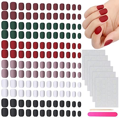 Mwoot 144 Pièces Faux Ongles Courtes Colorés Faux Ongles Artificiels Carrés Appuyer sur Ongles de Cercueil à Couverture Complète Court Tête Ronde Fake Nail, Matte French False Nail Tips
