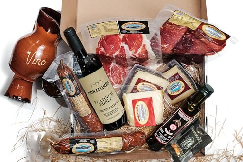 MONTELUEÑO | Cesta Gourmet Ibérica Plus - Surtido de embutidos ibéricos naturales con Chorizo, Salchichón, Jamón, Cecina, Quesos, Vino, Aceite OVE, Picos. Ideal para picoteo, regalo, cesta navidad.