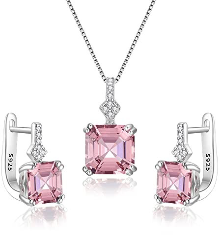 Clearine Prisma Halskette und Ohrringe Set 925 Hochzeit Braut Cubic Zirconia Zierliche Anhänger Schmuck Geschenk für Damen Rosa Silber Tone