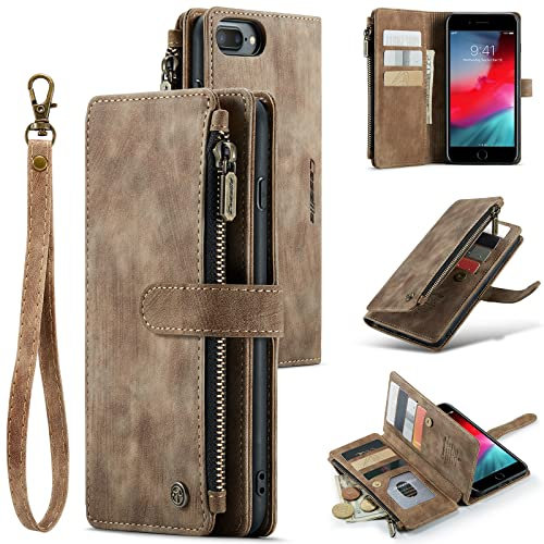 UEEBAI Wallet Case for iPhone 7 Plus/iPhone 8 Plus, Premium Handmade PU Leather Phone Case Card Slots Magnetic Closure Zipper Pocket Kickstand Flip Case with Hand Strap - Vintage Brown