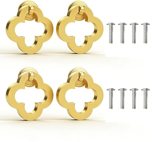 Newsmy Gold Clover Cabinet Pull Ring Knobs Wardrobe Handles 4 Pcs, 8 Screws | Vintage Clover Design, Decorative Pulls for Cupboard, Wardrobe, Dresser, Cabinets, Modern Gold Finish for Furniture Upgrade